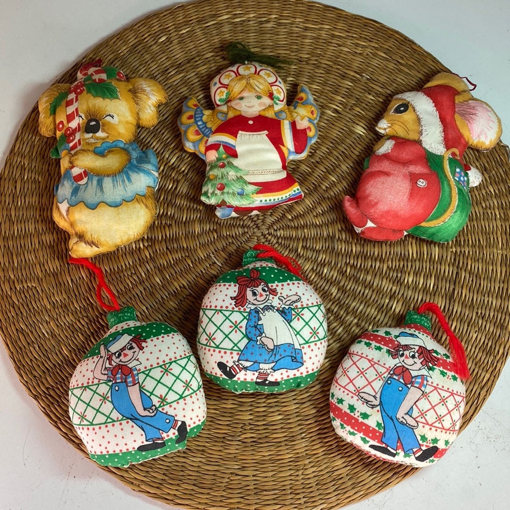 Vintage Handmade Fabric Christmas Ornaments Raggedy Ann and Other Figures Lot
